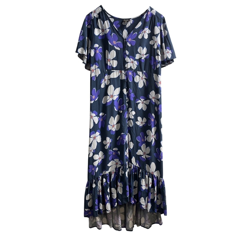 Evans Dress Womens 1X Purple Floral Button Down Tiered Asymmetrical Tropical